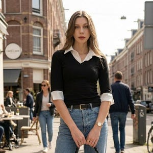 May include: A woman wearing a black top with white collar and cuffs, paired with blue jeans, and a black handbag. She is standing on a brick-paved street with a cafe and buildings in the background. A gold watch and black belt complete the outfit.
