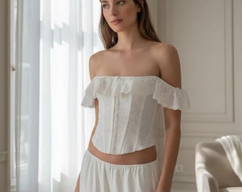 White Lace Corset Crop Top – Ruffle Off Shoulder Backless Vest, Summer Party Club Shirt