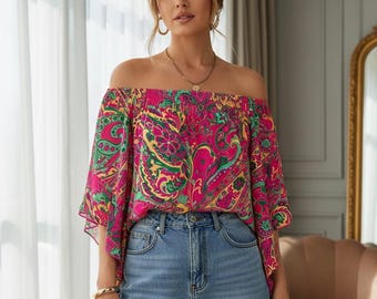 Off Shoulder Printed Long Sleeve Top for Women – Casual Fall Shirt, Trendy Loose Fit Blouse Stylish Everyday Outfit | Custom Madea