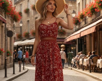 Floral High Slit Slip Dress for Women – Lace Hem Patchwork Summer Vacation Dress, Elegant Party Cami Dress Outfit | Custom Made
