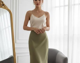 Black Satin Midi Skirt – High Waist Elegant Summer Office Wear Slip Skirt