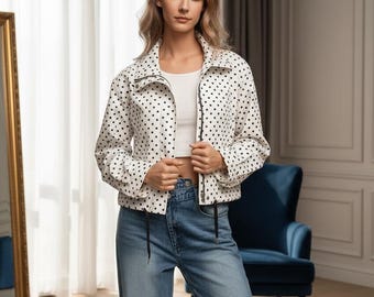 Polka Dot Zip-Up Jacket for Women – White Casual Spring Outerwear, Long Sleeve Collar Jacket Chic Everyday Fashion Coat | Custom Made