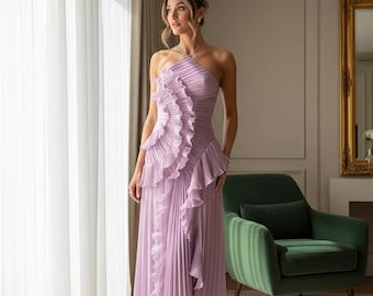 Purple Pleated Halter Maxi Dress – Lotus Edge Vacation Gown, Elegant Polyester Fabric