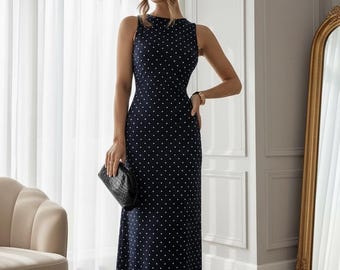 Retro Polka Dot Open Back Dress – Tie Strap Summer Dress for Women, Sexy Blue Vacation Party Dress, Graduation Holiday Outfit | Custom Made