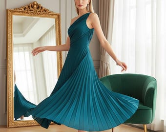 One Shoulder Pleated Maxi Dress – Elegant Formal Evening Gown for Women