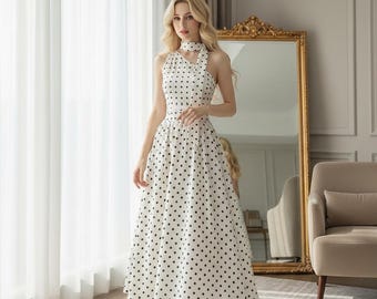 Vintage Polka Dot Midi Dress – Sleeveless A-Line Style Summer Dress, Elegant Wedding Guest Tea Party Dress for Women | Custom Made