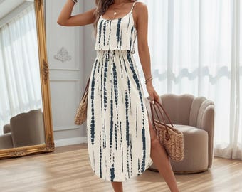 Tie-Dye Spaghetti Strap Maxi Dress – Lightweight Summer Vacation Dress with Belt, Side Slit