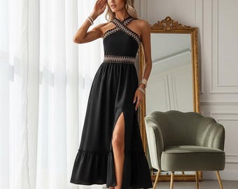 Patterned Halter Neck Maxi Dress – Ruffle Hem, High Slit Summer Vacation Outfit