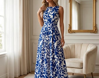 Elegant rygglös jumpsuit med färgblock för kvinnor – lös passform för semestern, salviagrönt tryckt outfit med vida ben | Skräddarsydd