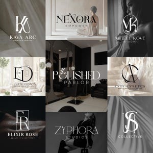 May include: A collection of logos in black and white. The logos feature elegant typography and imagery, including the text "KAVA ARC", "NEXORA", "MIRELL KOVE STUDIO", "ELEVATE DESIGN", "the POLISHED PARLOR", "CYRA AESTHETICS", "ELIXIR ROSE", "ZYPHORA STUDIOS", and "US COLLECTIVE".