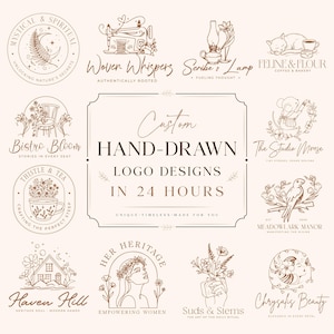 May include: A collection of twelve hand-drawn logo designs in brown ink on a light background. The central text reads Custom HAND-DRAWN LOGO DESIGNS IN 24 HOURS. Surrounding logos feature illustrations of sewing machines, cats, mice, birds, and flowers.
