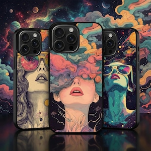 May include: Three black phone cases with colorful, artistic designs. Each case features a woman's face with sunglasses, set against a backdrop of swirling colors and celestial elements. The designs evoke a sense of cosmic wonder and psychedelic art.