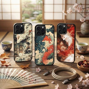 Pode incluir: Três capas de telemóvel com arte de inspiração japonesa com criaturas míticas. As capas mostram uma raposa branca, uma raposa vermelha e uma criatura vermelha e branca. As capas estão numa mesa de madeira com um leque, chá e um cabo de carregamento.