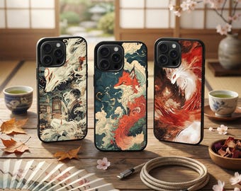 Funda para teléfono con espíritu de zorro japonés / Arte ukiyo inspirado en kitsune para iPhone 17, 16, 15, 14 y 13 Samsung Galaxy S25, S24, S23, S22 Ultra Plus FE