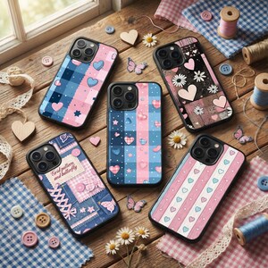 May include: A collection of phone cases with various designs, including hearts, stars, and patchwork patterns. The cases feature a mix of pink, blue, and white colors. Some cases have the text "Grid pattern and butterfly".
