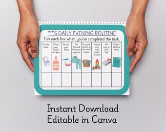 Editable Kids Evening & Bedtime Routine Chart | Night Routine Printable | Visual Schedule for Children | Canva Template A4