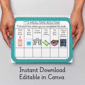 May include: A mealtime routine chart held by hands, featuring a teal border and a white interior. The chart includes illustrated steps like washing hands and eating food. Text at the bottom reads "Instant Download Editable in Canva."