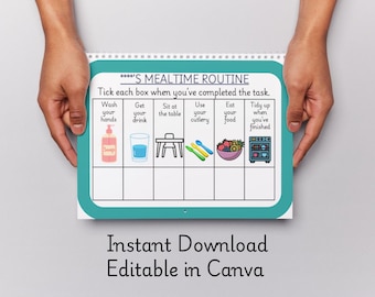Tabla de rutina de comidas para niños pequeños / Horario visual para niños / Póster de cena / Comida tranquila / Imprimible / Editable en Canva A4