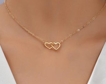 Heart to Heart Double Ring Necklace, Minimalist Gold Clavicle Chain for Women, Stainless Steel Love Pendant Jewellery, Gift For Her