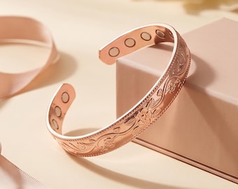 Bracelet magnétique de thérapie en cuivre pur à 99,9 %, motif floral, cuivre massif de haute qualité, aimants puissants, soulagement de la douleur, bien-être et santé