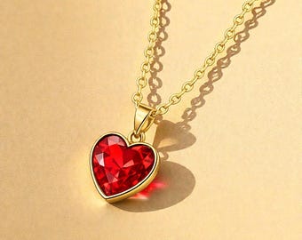 Red Glass Heart Necklace Gold Stainless Steel, Romantic Love Pendant Necklace for Women, Dainty Waterproof Jewelry, Valentine Gift for Her
