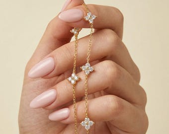 Sparkling Cubic Zirconia Clover Bracelet, Gold Plated Copper, Adjustable Chain Jewelry Gift For Her, 4 Leaf Clover, Birthday Gift For Her