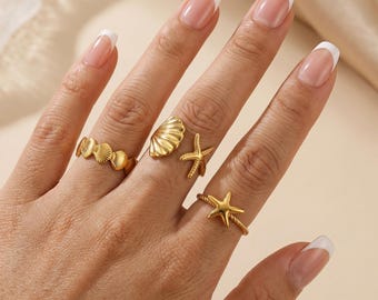 Conjunto de 3 anéis dourados de verão, com design de estrela-do-mar, ajustáveis em aço inoxidável, joias leves para praia, inspiradas no oceano, caixa de presente para as festas de fim de ano.