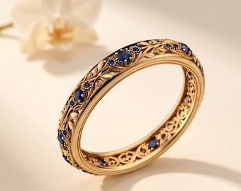 Anello vintage con gemma blu, fascia con motivo floreale dorato, anello ispirato all'Art Nouveau, anello botanico di tendenza, regalo di anniversario per lei, regalo unico.