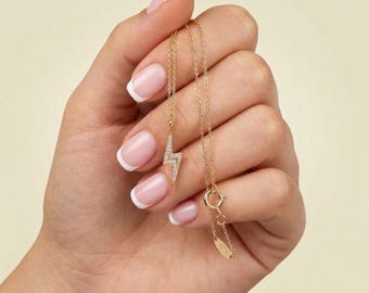 Lightning Bolt Charm Necklace, 925 Silver 14K Gold Plated, Minimalist Thunder Pendant Jewelry Gift for Her, Valentines, By ParvinsCollective