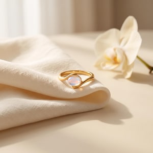May include: A gold-toned ring featuring a smooth, oval-shaped iridescent stone set within a bypass-style band. The metal band curves around the central cabochon stone, creating a continuous, flowing design that rests on a folded cream fabric.