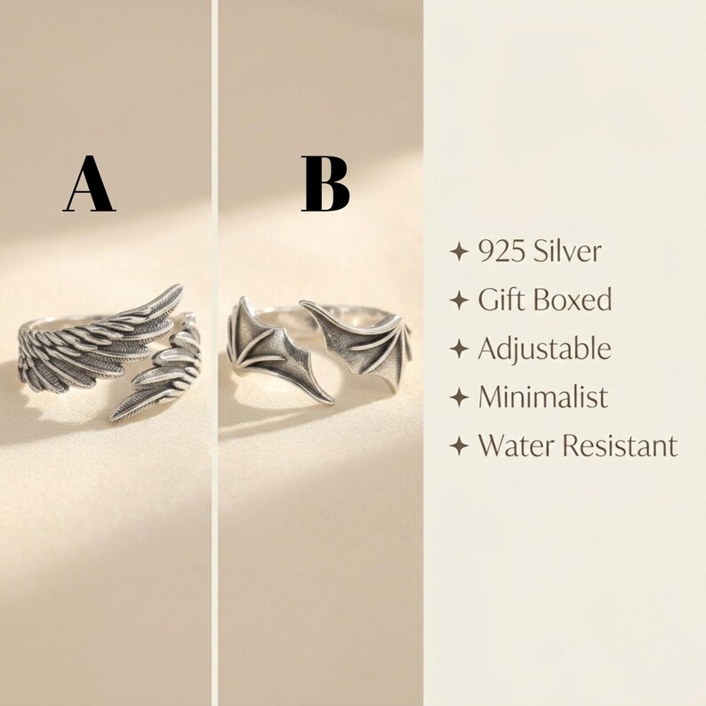 Pode incluir: Dois an&eacute;is de prata rotulados A e B. O anel A apresenta um design de asa de anjo, enquanto o anel B exibe um design de asa de morcego. O texto &agrave; direita lista as caracter&iacute;sticas: 925 Silver, Gift Boxed, Adjustable, Minimalist, Water Resistant.