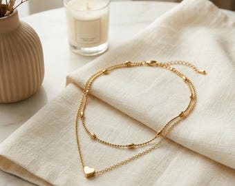 Layered Heart Necklace Gold, Dainty Heart Pendant Collarbone Necklace Women, Mothers Day Gift, Bridesmaid Gift, Minimalist Stacking Necklace