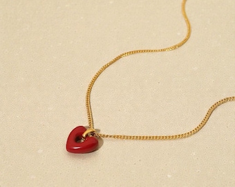 Red Heart Necklace, 14K Gold PVD Stainless Steel Pendant for Women, Minimalist Love Jewelry Gift Perfect for Valentines Day, Gift For Her