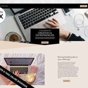 May include: A website template for creatives and entrepreneurs, with a black and white design and a beige background. The text "A template for creatives & entrepreneurs" is displayed on the website. The website also features a call to action button that says "Let's Talk".