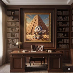 May include: A detailed interior scene of a home office with dark wood paneling and built-in bookshelves. A large framed painting depicts a cartoon penguin reading in front of a pyramid. A wooden desk with a leather chair and a brass lamp complete the scene.