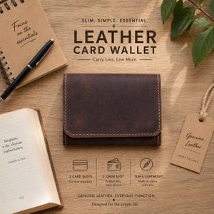 May include: A brown leather card wallet with stitched edges, displayed on a wooden surface. The wallet is accompanied by a notebook, pen, and a tag that reads "Genuine Leather." Text on the image says "Slim. Simple. Essential."