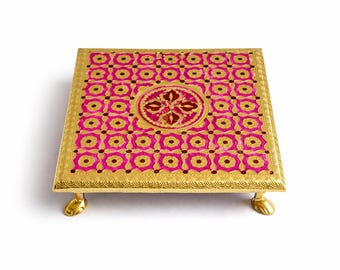 Meenakari Gold Pink Chowki | Decorative Pooja Platform | Diwali Decor | Riser | Festive Home Decor