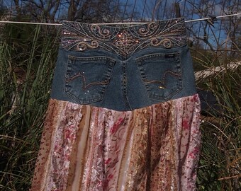 Pretty boho denim and lace skirt, pinks, beiges, boutique, size 1, one of a kind, denim skirt with lace