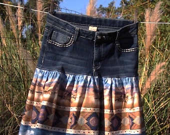 Unique denim upcycled skirt with southwest design western flair, size 14 womens