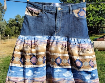 SUPER Sexy, Red Lace and Denim Upcycled Skirt, Very Sparkly