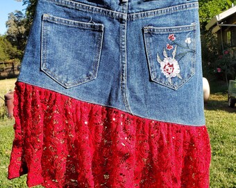 SUPER Sexy, Red Lace and Denim Upcycled Skirt, Very Sparkly