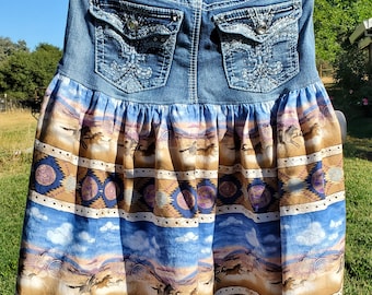 Upcycled Denim Maxi Skirt Blue Jean Skirt Pattern Two Tone Denim
