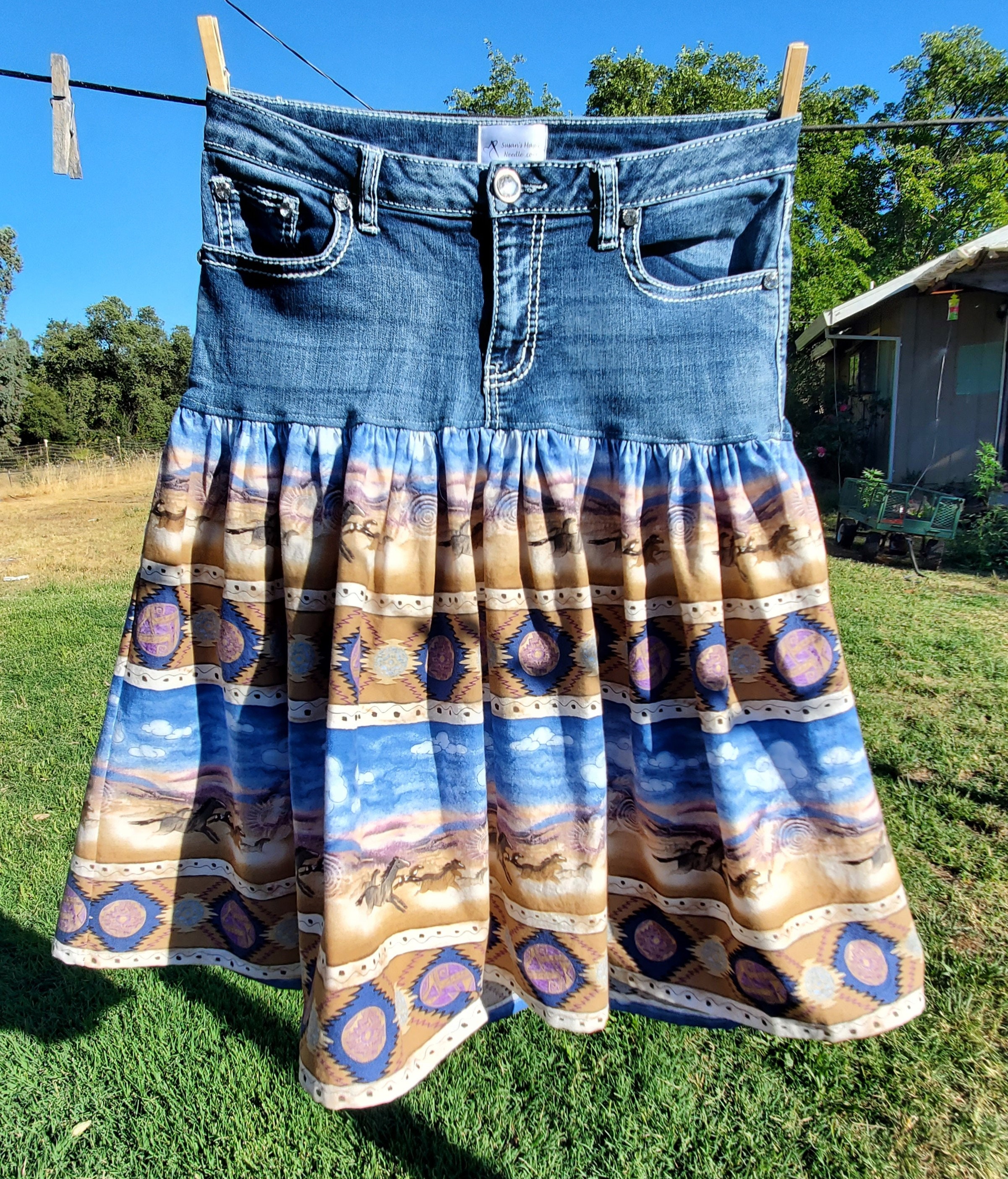 Unique Western Design Denim Upcycled Skirt With Southwest Unique Western Design Denim Upcycled Skirt With Southwest