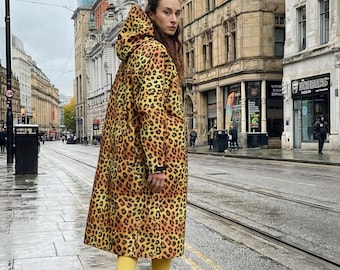 Leopard Print Raincoat, Recycled rPET, Waterproof Hooded Coat