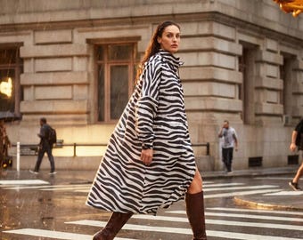 Zebra Print Hooded Raincoat, Recycled rPET, Full Body, Unisex