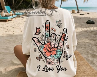 Te amo PNG: mariposas florales lenguaje de señas png diseño de amor inspirador (Descarga digital)