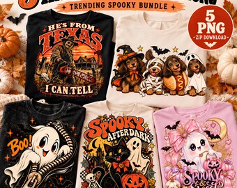 Halloween PNG Bundle, 5 Trendy Spooky Designs, Ghost Dachshund Coquette Cat Horror, Retro Sublimation PNG Digital Download