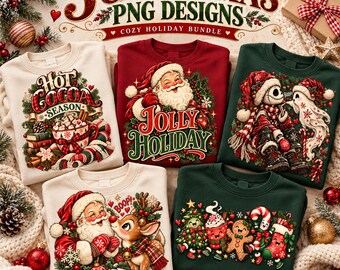 Christmas PNG Bundle, 5 Cozy Holiday Designs, Hot Cocoa, Santa, Reindeer Boop, Cute Christmas Doodle Sublimation