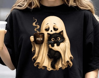 Ghost Cat PNG, Spooky Black Cat Coffee Lover Halloween Graphic (Digital Download)
