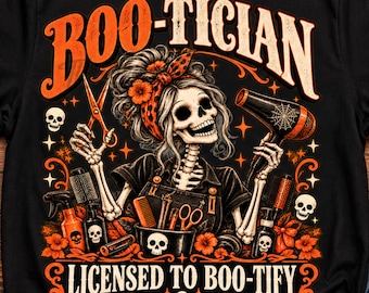 Boo-Tician Halloween Hair Stylist Skeleton PNG: Spooky Cosmetologist Halloween Salon Art png, Gothic Beauty Clipart (Digital Download)